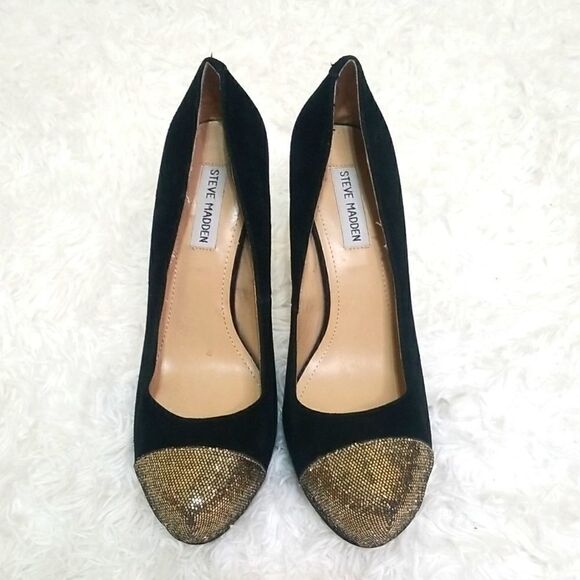 Steve Madden Black Suede Heels W Gold Tip size 10 - Picture 1 of 10